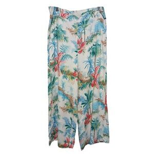 C&C California Tropical Palm Tree Print Wide Leg Pants Womens Large White Blue